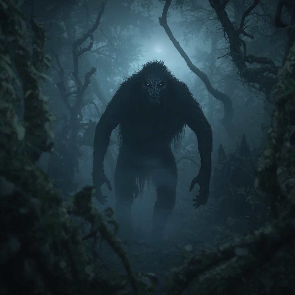 lucid-origin_A_mysterious_cryptid_emerging_from_a_dense_mist-covered_forest_at_twilight_with_-0