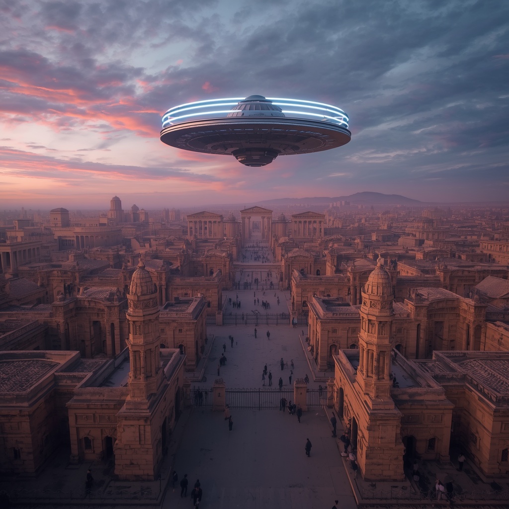 lucid-origin_Une_cité_antique_majestueuse_survolée_par_une_soucoupe_volante_métallique_vue-0
